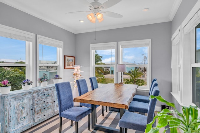 dining room featuring crown molding, a healthy amount of sunlight, and ceiling fan