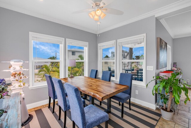 dining area featuring ornamental molding and ceiling fan