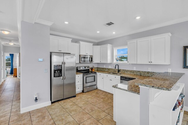 kitchen featuring stone countertops, sink, white cabinets, kitchen peninsula, and stainless steel appliances