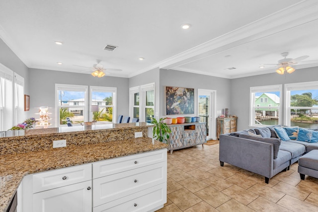 kitchen featuring light stone counters, ornamental molding, plenty of natural light, and white cabinets