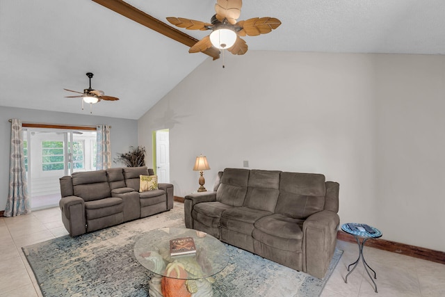 living room with beam ceiling, high vaulted ceiling, ceiling fan, and light tile patterned flooring