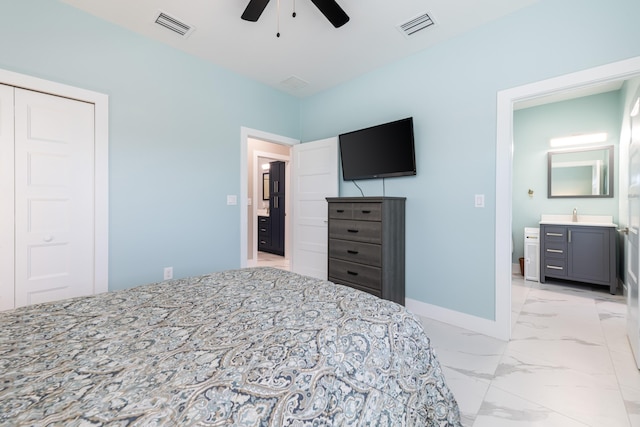 bedroom with marble finish floor, baseboards, a ceiling fan, and visible vents