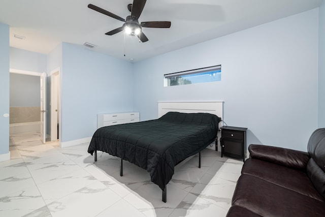 bedroom featuring ceiling fan, marble finish floor, baseboards, and visible vents
