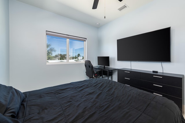 bedroom featuring visible vents and ceiling fan