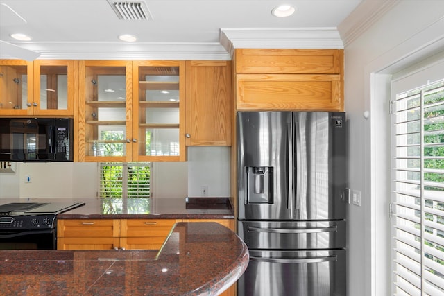 413 Emma St Unit A, Key West, FL 33040 - kitchen featuring black appliances, glass insert cabinets, crown molding, dark stone counters, and recessed lighting