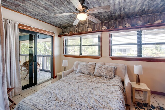 bedroom with wood ceiling, ceiling fan, light tile patterned floors, and access to outside