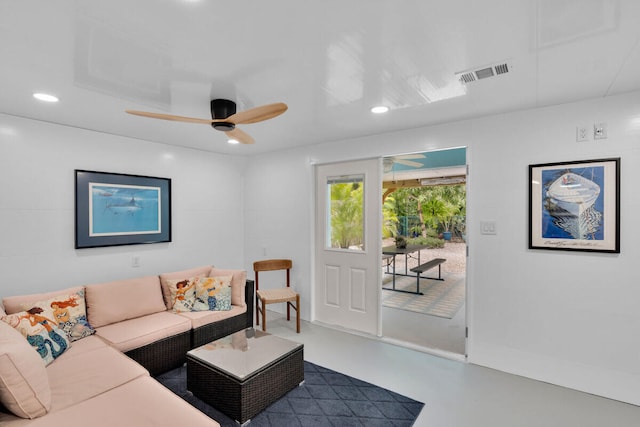 living room featuring ceiling fan