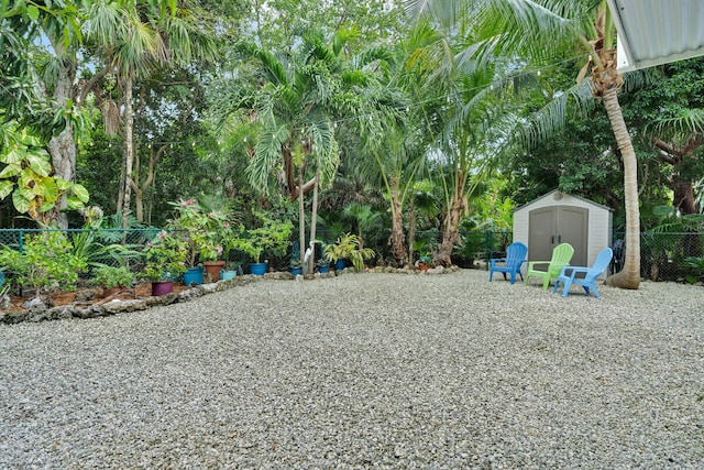 view of yard featuring a storage unit