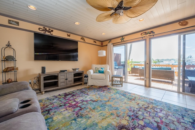 tiled living room with ceiling fan and wooden ceiling