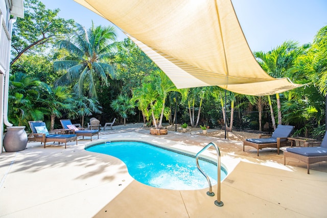 view of swimming pool with an outdoor fire pit and a patio area