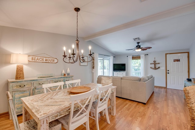 dining space featuring lofted ceiling with beams, light hardwood / wood-style floors, and ceiling fan