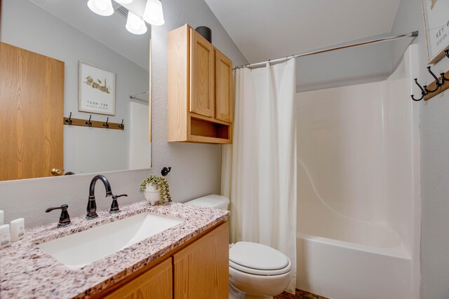 full bathroom with shower / bath combination with curtain, lofted ceiling, toilet, and vanity