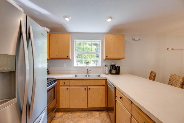 kitchen with stainless steel appliances, sink, and light brown cabinetry