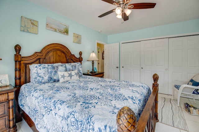 bedroom featuring ceiling fan and a closet