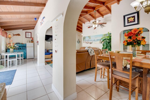 tiled dining space featuring vaulted ceiling with beams, wooden ceiling, and ceiling fan