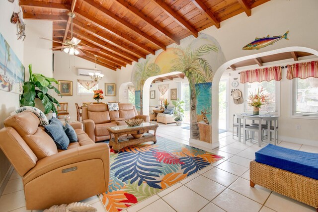 tiled living room featuring beamed ceiling, ceiling fan with notable chandelier, high vaulted ceiling, and wooden ceiling