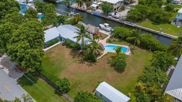 drone / aerial view with a water view