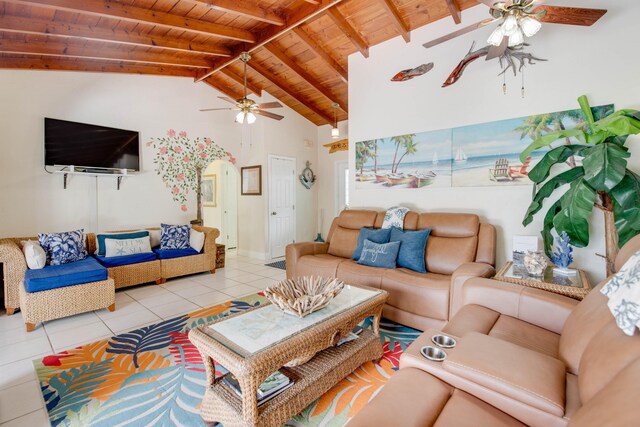 living room featuring light tile patterned flooring, high vaulted ceiling, ceiling fan, wood ceiling, and beam ceiling