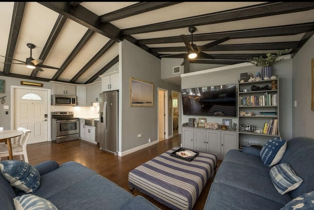 living room with ceiling fan, lofted ceiling with beams, and dark hardwood / wood-style floors