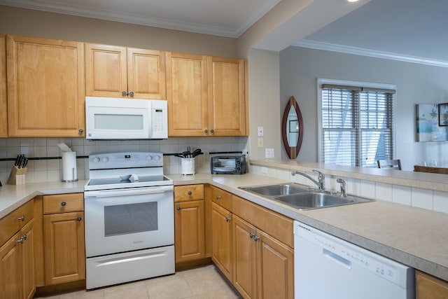 kitchen with sink, crown molding, white appliances, light tile patterned floors, and decorative backsplash