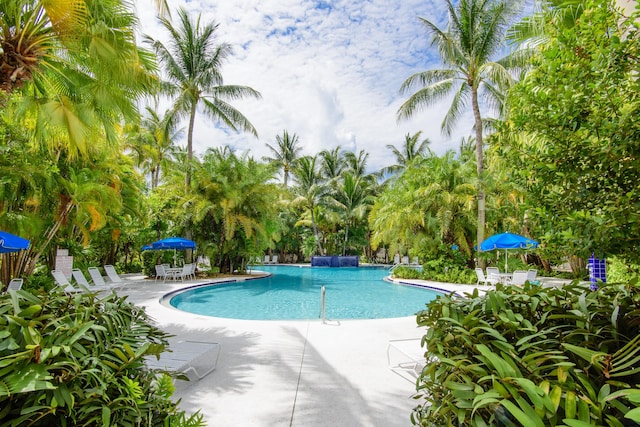 view of pool with pool water feature and a patio area