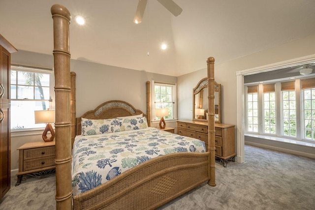 bedroom with light carpet, multiple windows, and ceiling fan