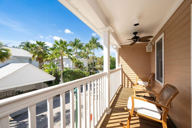 balcony featuring ceiling fan