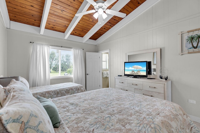 bedroom featuring vaulted ceiling with beams and wooden ceiling