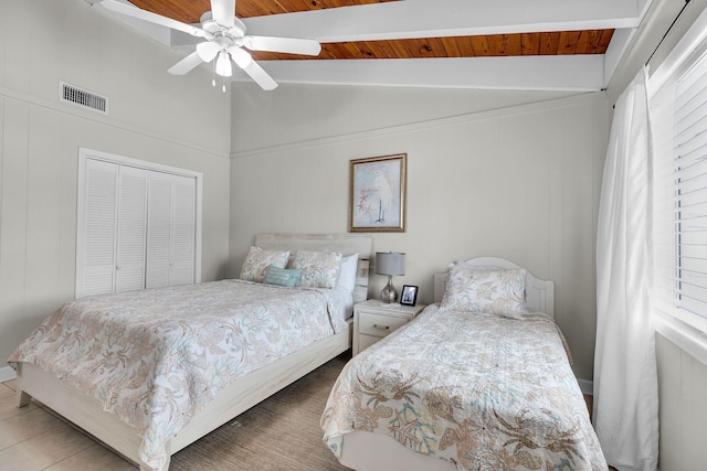 bedroom with lofted ceiling with beams, ceiling fan, multiple windows, and a closet