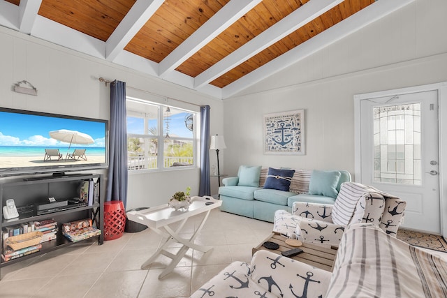 tiled living room with lofted ceiling with beams and wooden ceiling