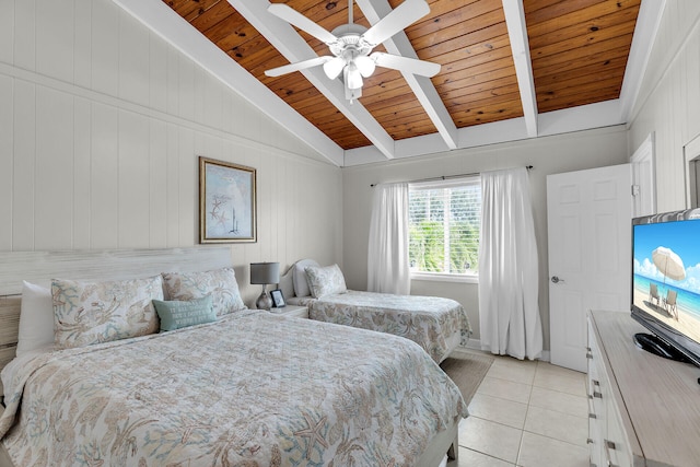 bedroom with light tile patterned floors, wood ceiling, lofted ceiling with beams, and ceiling fan