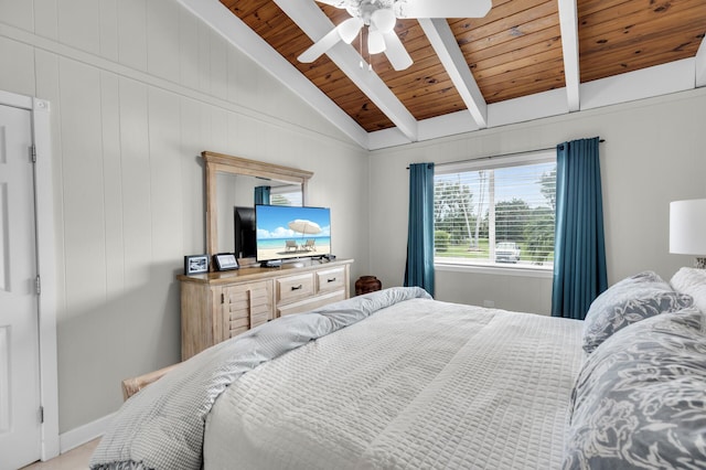 bedroom with lofted ceiling with beams, ceiling fan, and wood ceiling