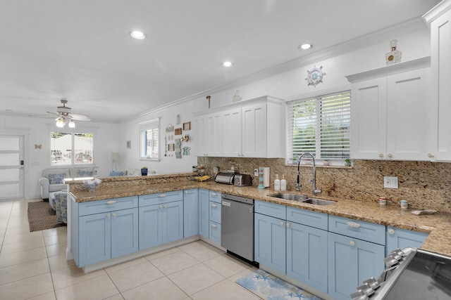 kitchen with sink, white cabinetry, tasteful backsplash, stainless steel dishwasher, and kitchen peninsula