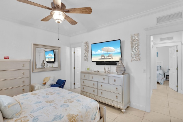 bedroom featuring crown molding, ceiling fan, and light tile patterned floors