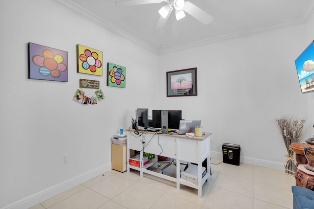 home office with ceiling fan, ornamental molding, and light tile patterned floors