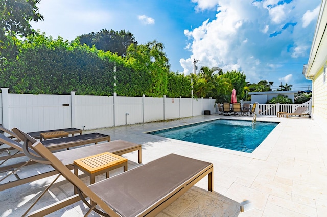 view of swimming pool featuring a patio area