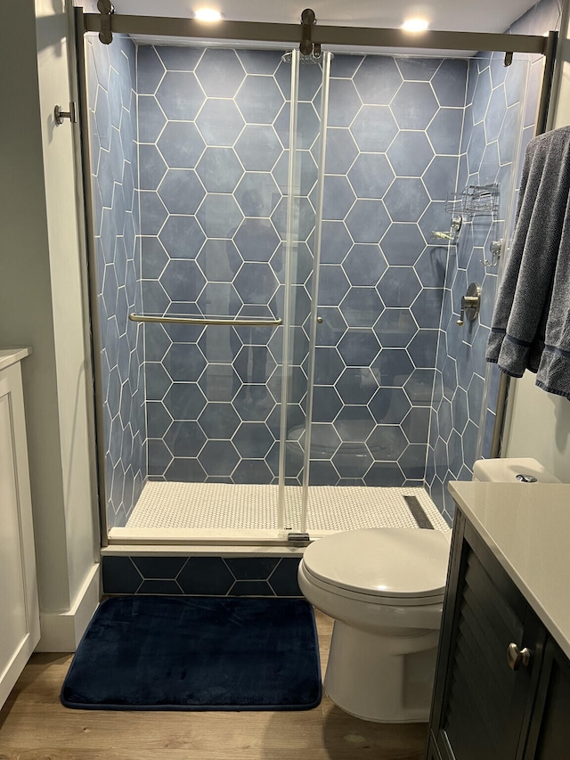 bathroom with vanity, wood finished floors, toilet, and a stall shower
