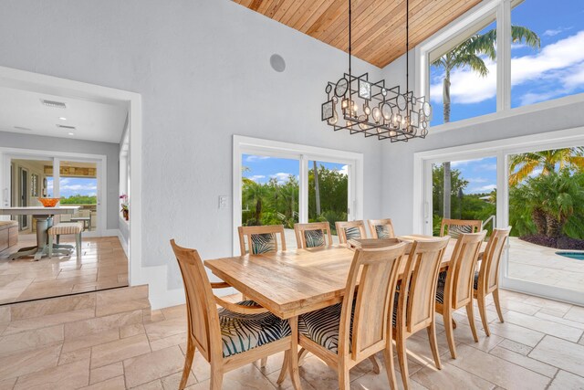 dining room with high vaulted ceiling, wooden ceiling, and an inviting chandelier