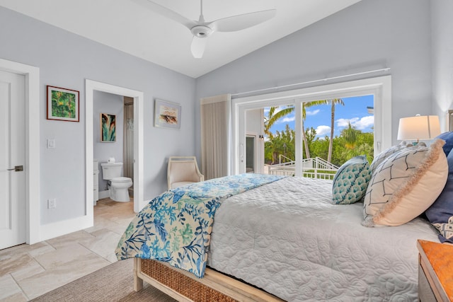 bedroom featuring ensuite bathroom, lofted ceiling, access to exterior, and ceiling fan