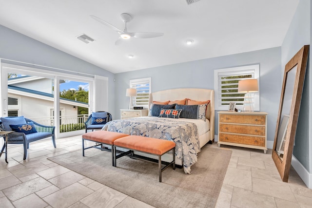 bedroom with vaulted ceiling, ceiling fan, and access to outside