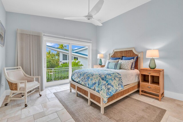 bedroom featuring access to outside and ceiling fan