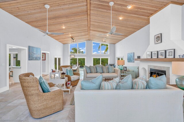 living room featuring ceiling fan, a large fireplace, high vaulted ceiling, and wooden ceiling