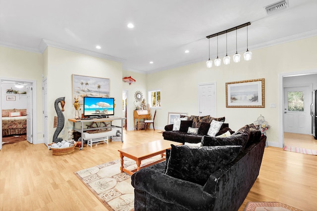 living room featuring ornamental molding and light wood-type flooring