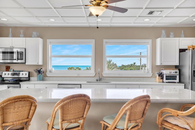 kitchen with stainless steel appliances, sink, and a kitchen breakfast bar