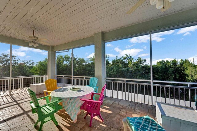 sunroom featuring a ceiling fan and wooden ceiling