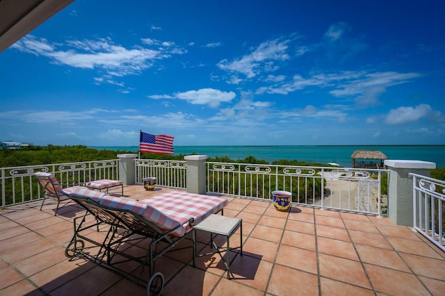 view of patio / terrace with a water view and a balcony