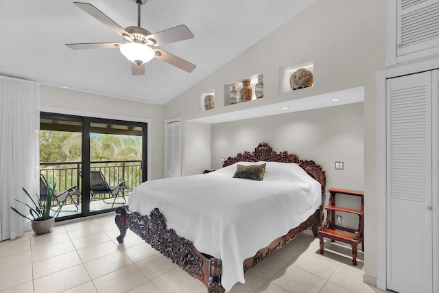 bedroom featuring ceiling fan, high vaulted ceiling, light tile patterned floors, and access to outside