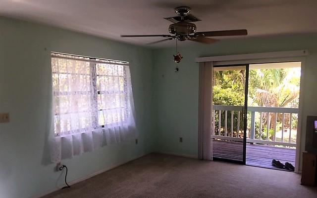 empty room with carpet flooring and ceiling fan