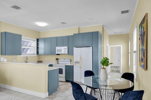 kitchen with crown molding, sink, white appliances, and blue cabinetry