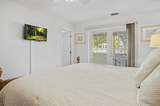 bedroom with access to exterior, ceiling fan, and french doors